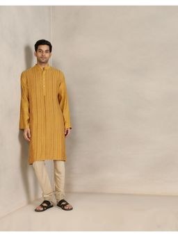 Fabindia - Men Mustard Viscose Blend Stripes Straight Kurta