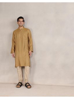 Fabindia - Men Mustard Viscose Blend Stripes Straight Kurta