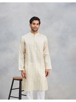 Fabindia - Men Off White Silk Blend Stripes Straight Kurta