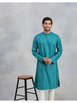 Fabindia - Men Turquoise Viscose Blend Geometric Straight Kurta