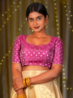 I LOVE SAREES - Pink Tissue Stitched Blouse with Sleeve with Silver Motif