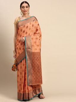 Sangam Prints - Orange Silk Woven Work Festival Saree with Unstitched Blouse