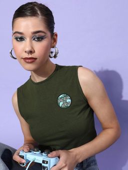 Style Quotient - Olive Green Solid Pure Cotton Crop Top With Applique Detail