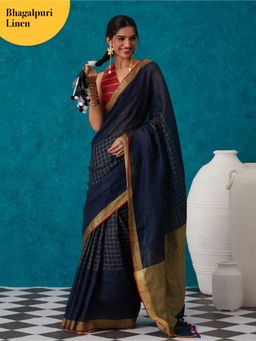 Likha - Navy Blue Linen Zari Blend Bhagalpuri Saree with Unstitched Blouse