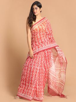 Indethnic - Red Printed Super Net Saree with Unstitched Blouse