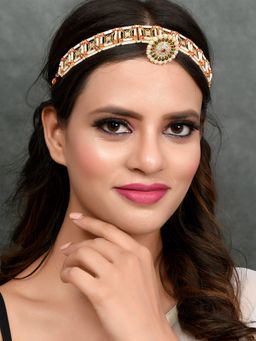 Silvermerc Designs - Gold Plated Red Green Kundan Pearl Studded Meenakari Matha Patti