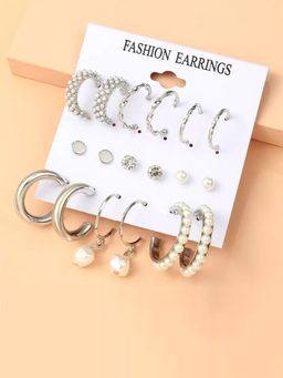 Jewels Galaxy - Silver Plated Silver-Toned Contemporary Hoop Earrings Set of 9