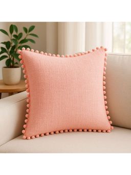 THROW PILLOW - Cozy Blush Pink Cotton Basketweave Square Cushion Cover with Pom Edges
