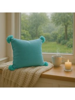 THROW PILLOW - Ice Blue Solid Cushion Cover With Fringe Trim - Premium Fabric