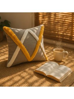 THROW PILLOW - Grey Cushion Cover With White & Yellow Crisscross Tufting