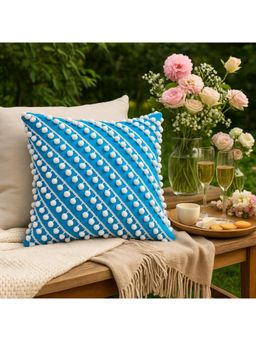 THROW PILLOW - Vibrant Blue Cushion Cover: Premium Fabric With Playful White Pom-Poms