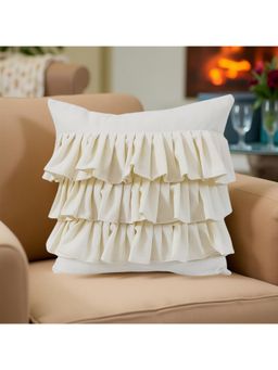 THROW PILLOW - Whisper Ruffle Haven Cushion: Premium White Layered Fabric Elegance