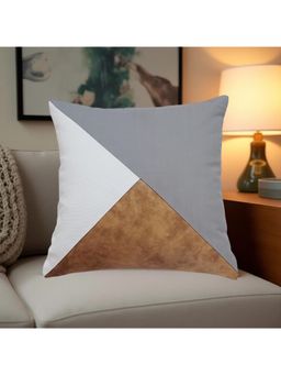THROW PILLOW - Geometric Fusion Cushion: White, Grey, Brown, Faux Leather & Fabric