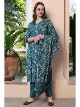 Shaily - Women Turquoise Blue & White Floral Printed Pure Cotton Kurta Set (set Of 3)