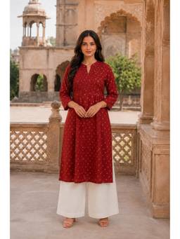 PANCHRANGA - Red Buti Hand Screen Print Pintuck Cotton Kurta