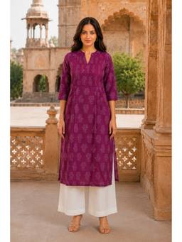 PANCHRANGA - Purple Buti Hand Screen Print Pintuck Cotton Kurta