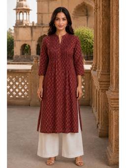 PANCHRANGA - Maroon Hand Screen Print Pintuck Cotton Kurta