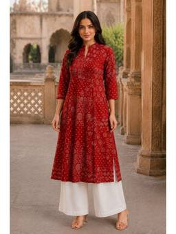 PANCHRANGA - Red Hand Screen Print Pintuck Cotton Kurta