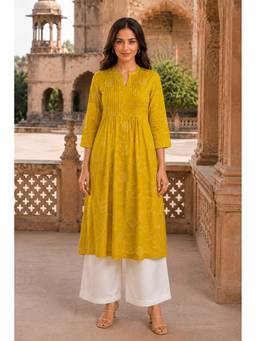 PANCHRANGA - Yellow Hand Screen Print Pintuck Cotton Kurta