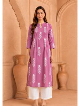 PANCHRANGA - Pink Buti Hand Screen Print Pintuck Cotton Kurta