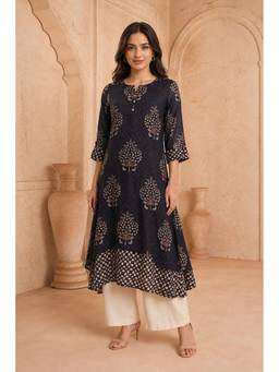 PANCHRANGA - Black Nayra Mulmul Ajrakh Layered Kurta