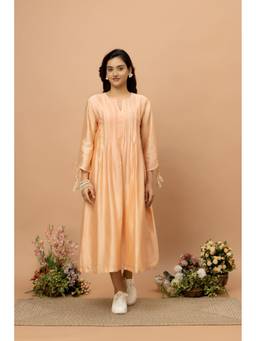 SMRITI GUPTA - Peach Chanderi Silk Pintuck Details Midi Dress