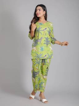 House of Gulab - Green Tropical Forest Motifs Kurta with Pant