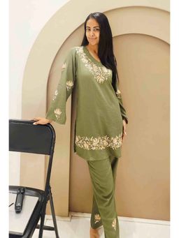 QAZMI - Heena Kashmiri Chinar Embroidered Linen Cotton Full Sleeves V-Neck Co-Ord Set