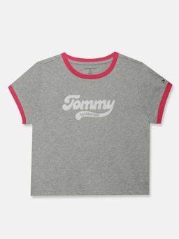 Tommy Hilfiger - Girls Typography Printed Regular Fit Cotton T-shirt-Grey