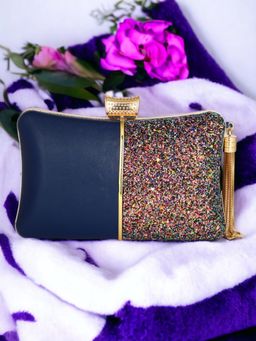 Toobacraft - Embellished Box Clutch With Shoulder Strap - Navy Blue