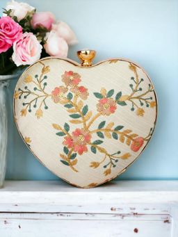 Toobacraft - Floral Embroidered Heart Shaped Box Clutch - Cream