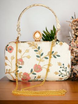 Toobacraft - Embroidered Embellished Box Clutch - Cream