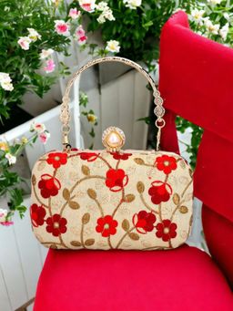 Toobacraft - Floral Embroidered Embellished Box Clutch - Cream