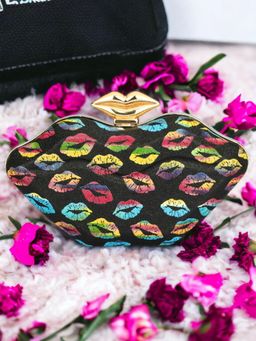 Toobacraft - Lips Printed Embellished Box Clutch - Black