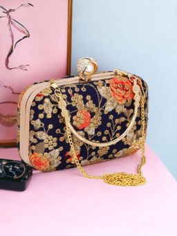 Toobacraft - Printed Embroidered Detailed Box Clutch - Navy Blue