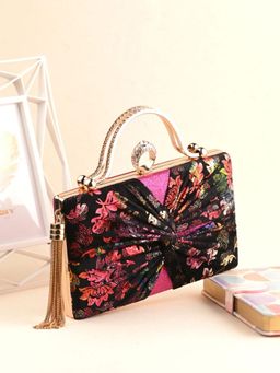 Toobacraft - Printed Black LC Print Bow Ring Flat Box Clutch