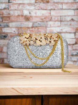 Toobacraft - Shoulder Strap Embellished Box Clutch - Silver