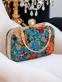 Toobacraft - Shoulder Strap Floral Embroidered Box Clutch - Blue