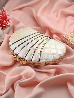 Toobacraft - Centre Piping Shell Embellished Half Moon Clutch - White
