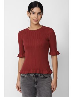 Van Heusen - Women Maroon Stripe Casual Round Neck Top