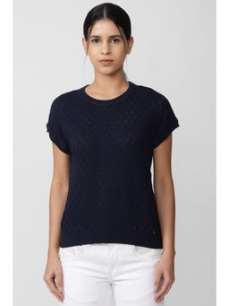 Van Heusen - Women Navy Blue Woven Casual Round Neck Top