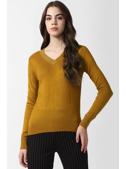 Van Heusen - Women Yellow Solid V-neck Sweater