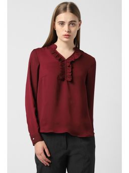 Van Heusen - Women Maroon Solid Casual Slit Neck Top
