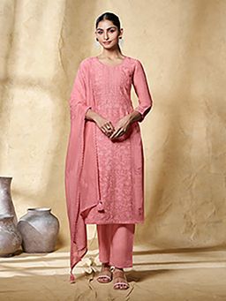 Seerat - Peach Floral Embroidered Straight Kurta and Pant with Dupatta