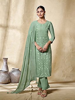Seerat - Green Floral Embroidered Straight Kurta and Pant with Dupatta