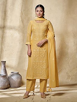 Seerat - Yellow Floral Embroidered Straight Kurta and Pant with Dupatta