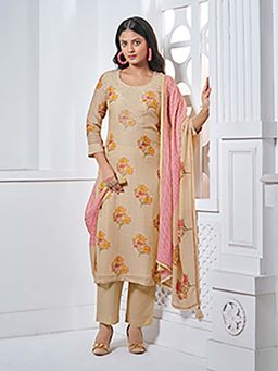 Seerat - Beige Floral Embroidered Straight Kurta with Pant with Dupatta