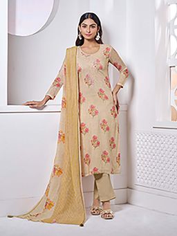 Seerat - Beige Floral Embroidered Straight Kurta with Pant with Dupatta