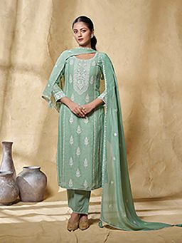 Seerat - Green Floral Thread Embroidered Straight Kurta and Pant with Dupatta