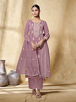 Seerat - Lavender Floral Thread Embroidered Straight Kurta and Pant with Dupatta
